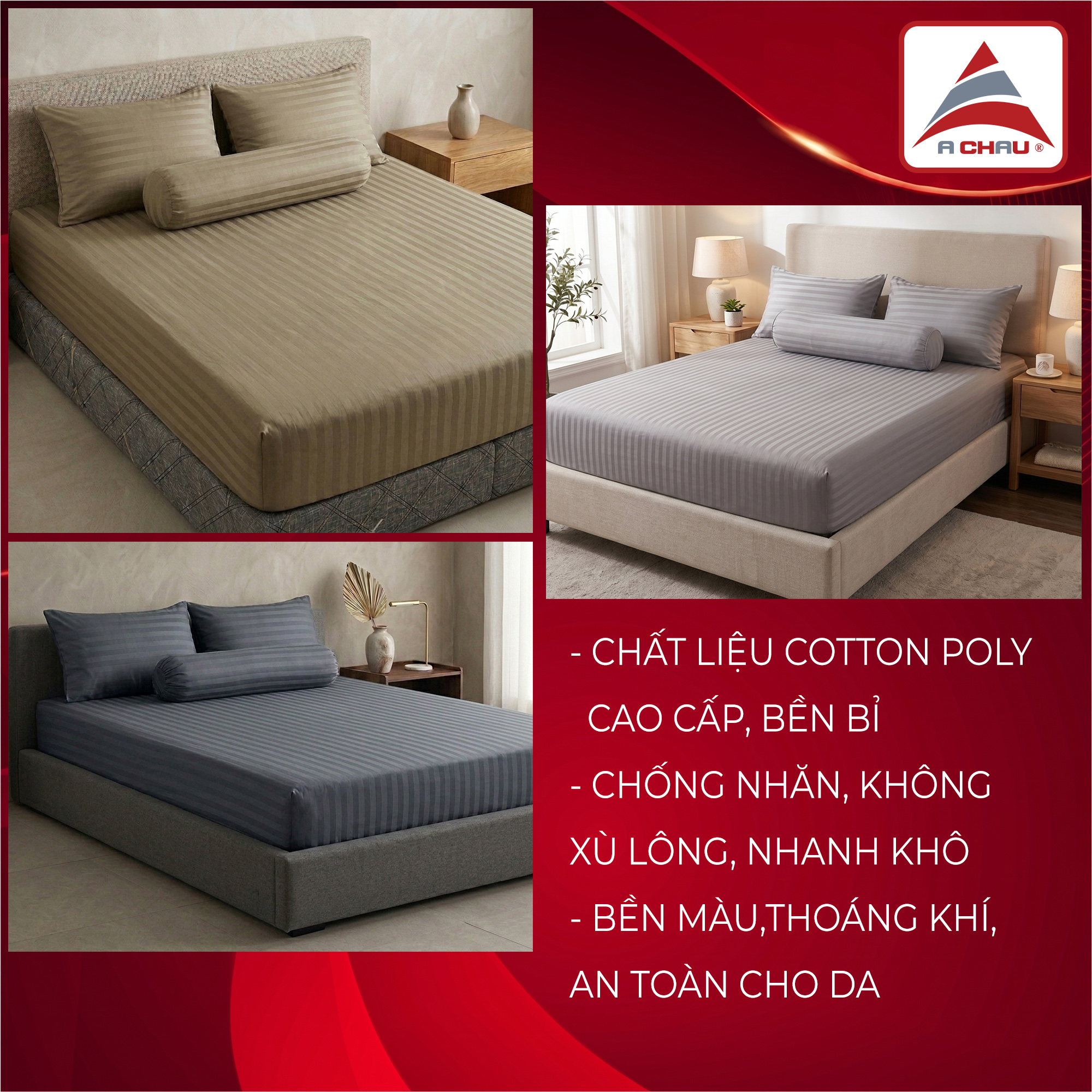 Bộ Drap Ga Gối Cotton Poly Cao Cấp Sọc Satin Sang Trọng - 3 Màu: Xám Đậm, Nâu Khaki, Xám Nhạt - Đầy Đủ Kích Thước